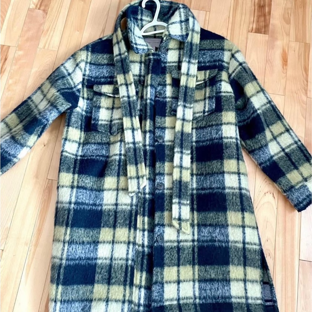 Plaid Women's Coat in Navy and yellow cream